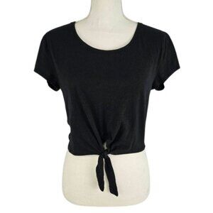 Women’s Black Crop Top Lace Back Tie Front Scoop Neck Short Sleeve Size S
